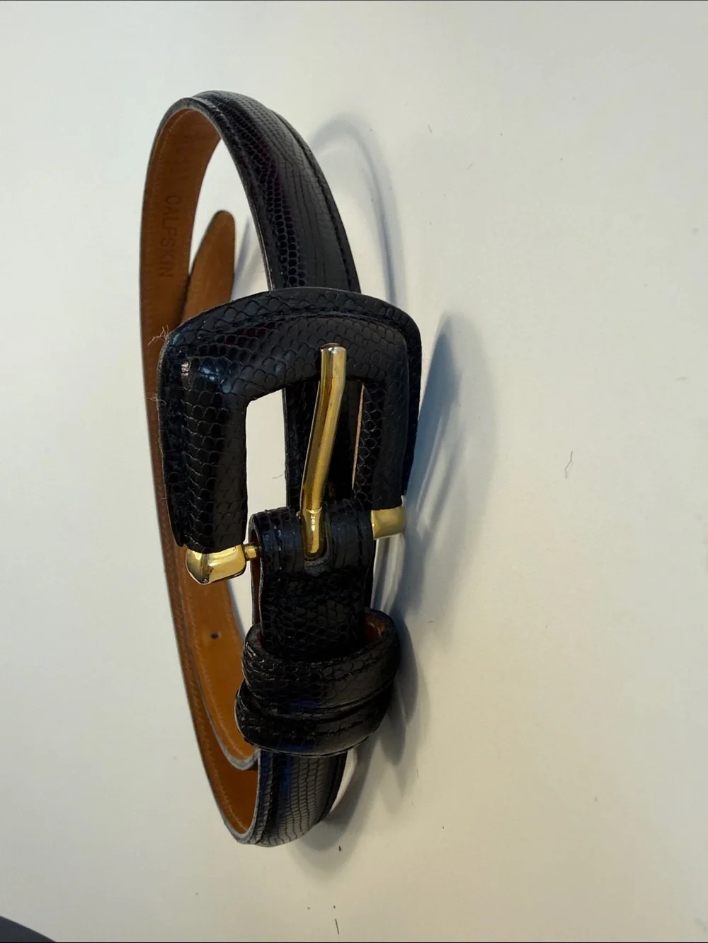 Black Textured Leather Belt with Gold-Tone Buckle